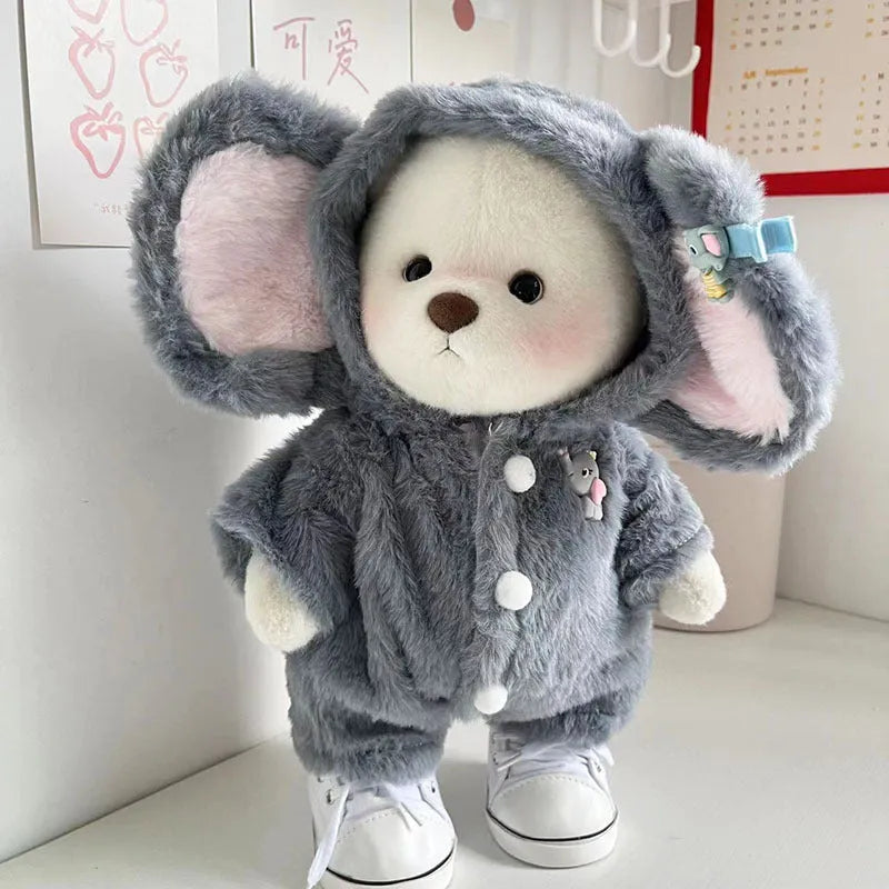 Grey elephant print plush jumpsuit for a 30cm tall doll or teddy bear.