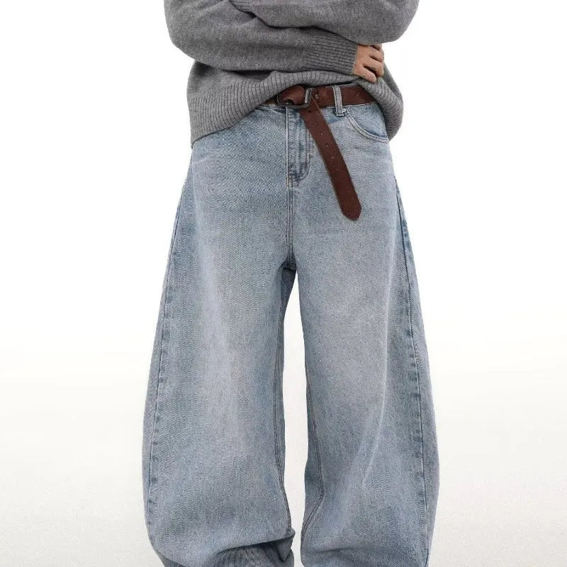 Blue retro washed distressed straight leg jeans with micro elastic cotton fabric and zipper fly