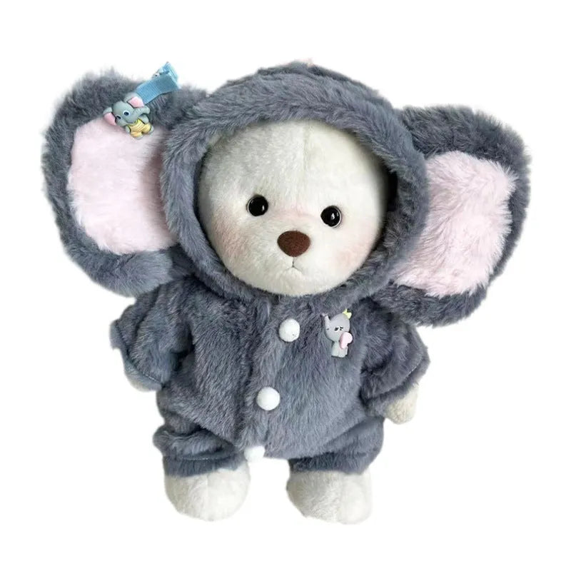 Grey elephant print plush jumpsuit for a 30cm tall doll or teddy bear.