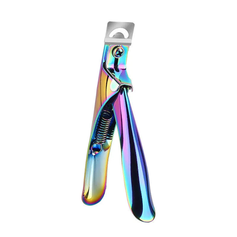 Stainless steel French U-shaped nail art scissors in black, titanium, or silver finish.
