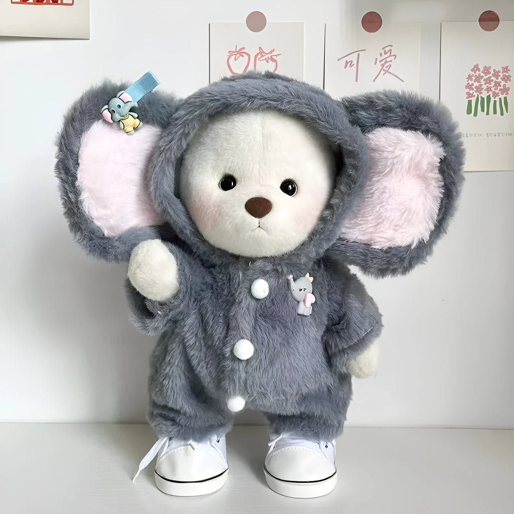 Grey elephant print plush jumpsuit for a 30cm tall doll or teddy bear.