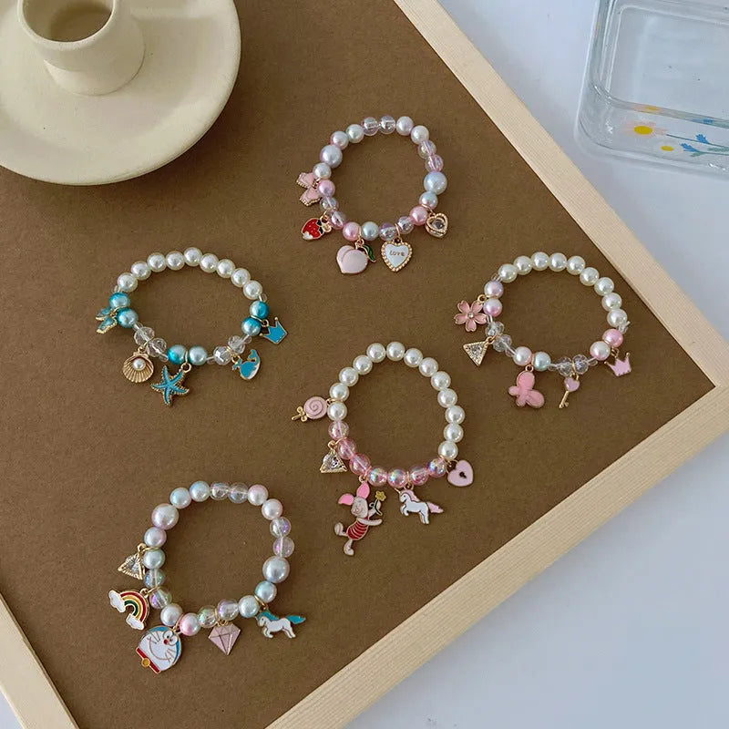 Children's cartoon pearl bracelet with gradient colour shell and alloy beads, cute cat style design