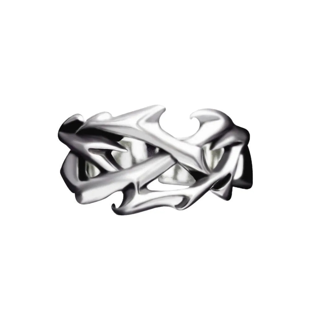 Copper men's ring with geometric thorn flower design and adjustable opening in J2150 thorns colour.