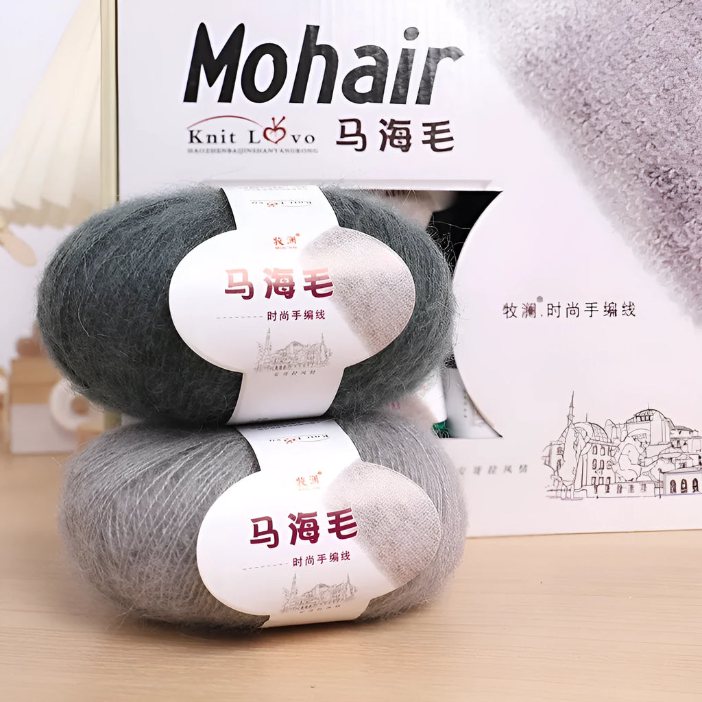 A 200g ball of mohair Inverness thread in a chosen colour, next to a measuring tape showing 180cm for the finished scarf length.