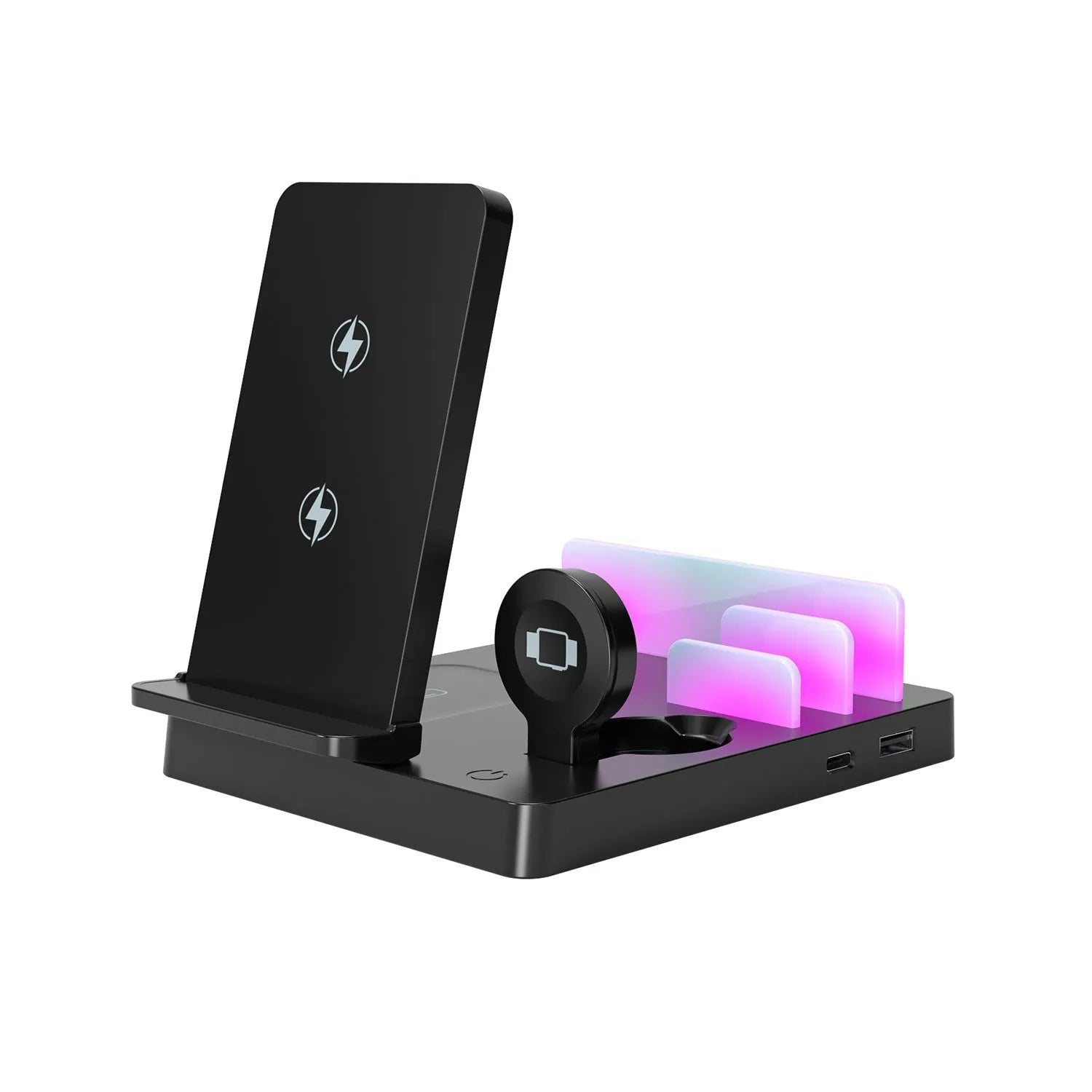 Desktop five-in-one magnetic charger in black plastic and alloy for smartphone smartwatch earbuds