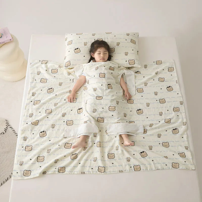 Anti-kick sleeping bag blanket in a printed colour design, shown with an optional matching pillowcase.