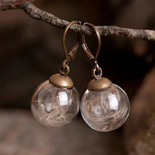 Transparent glass dandelion earrings with 16mm ball and French hook in silver finish