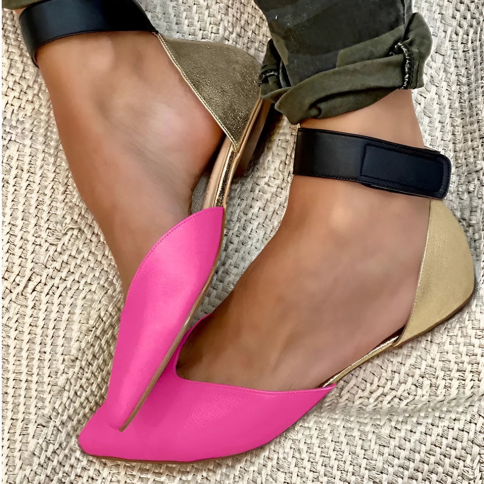 Women's flat heel sandals with Velcro strap and hollowed pattern design in beige colour