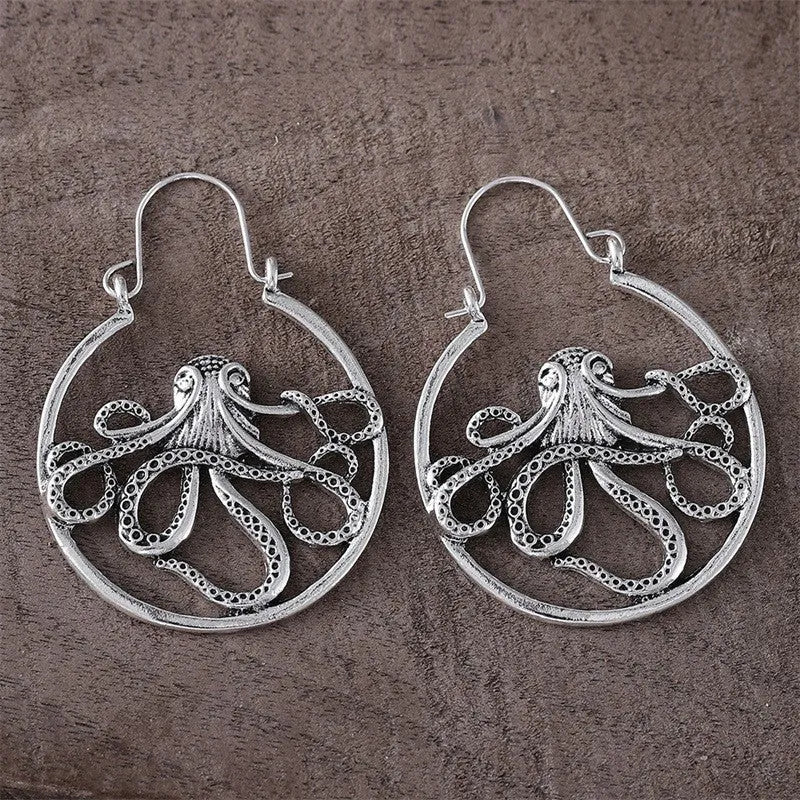 Vintage antique silver octopus earrings with electroplated finish