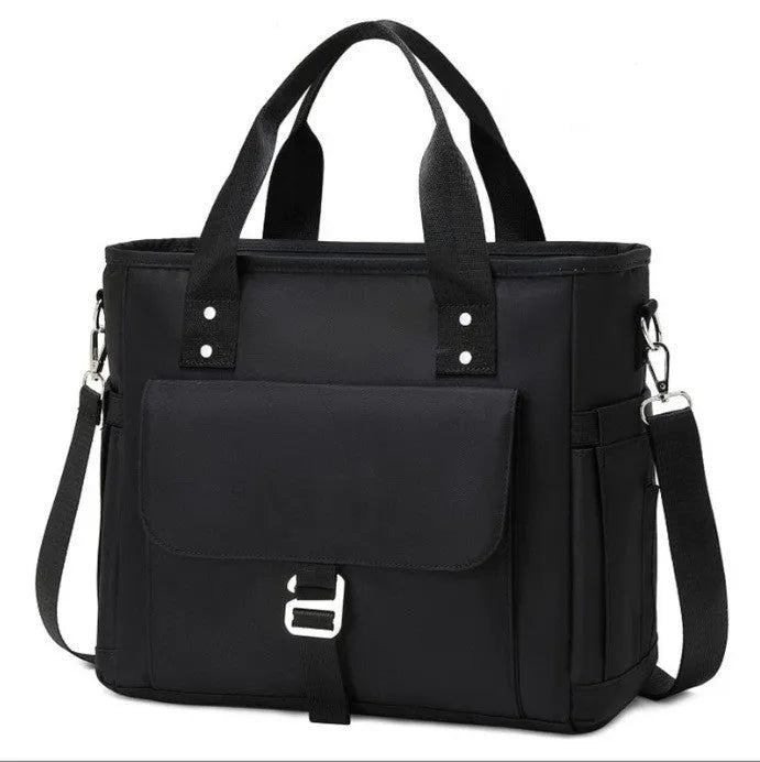Portable cube-shaped Oxford cloth picnic bag with a removable shoulder strap and side pocket.