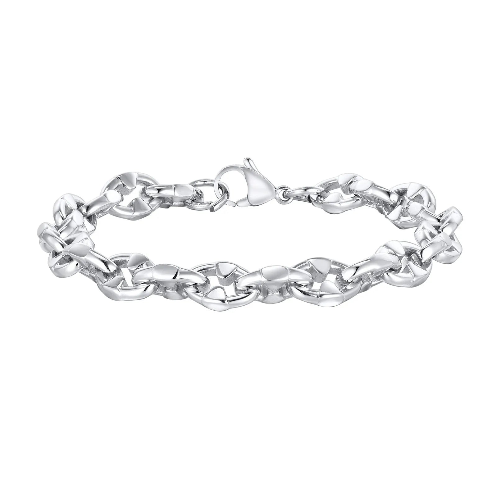 Close-up of a thick geometric chain bracelet made from polished stainless steel, on a wrist.