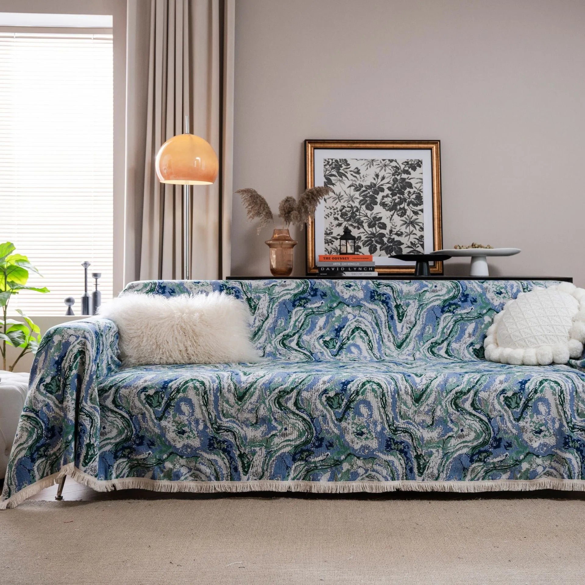 American country style jacquard sofa cover in polyester cotton fabric on a sofa.