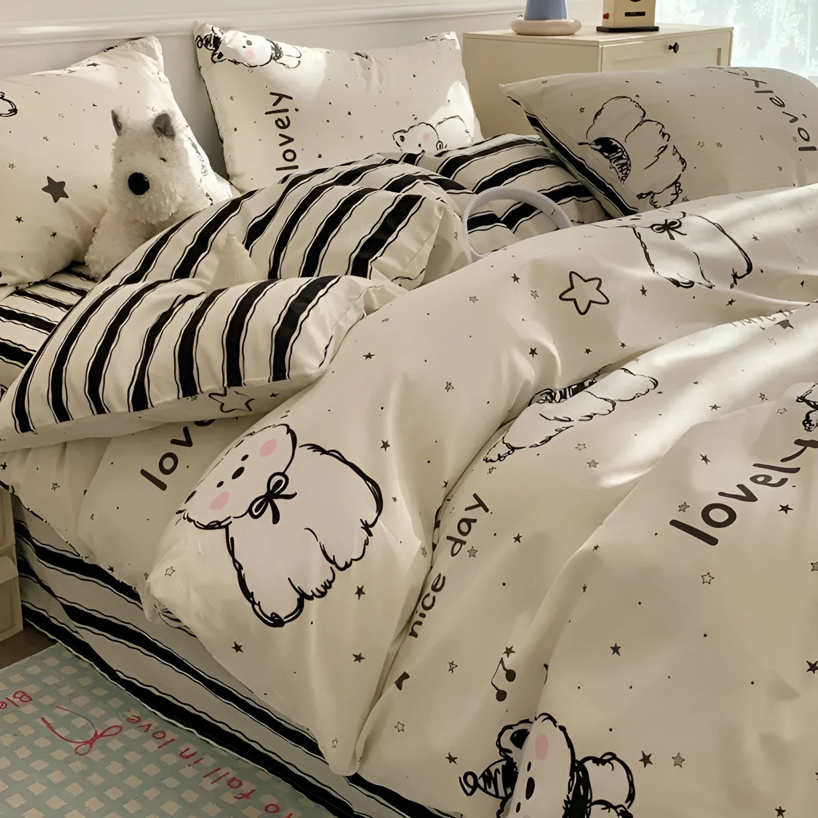 Cartoon dog print pure cotton duvet cover set with fitted sheet on a single bed