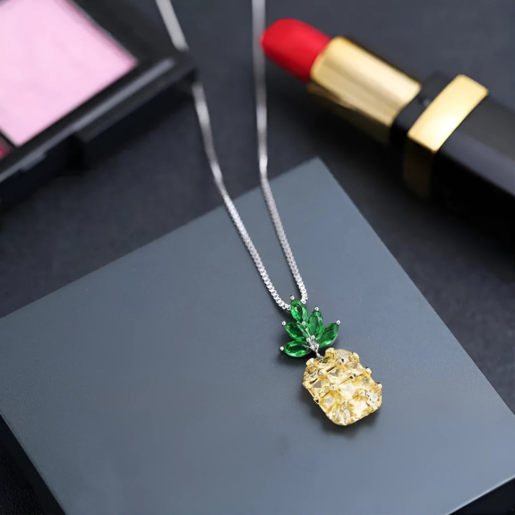 Silver geometric pineapple diamond pendant on a women's necklace, Korean fashion style.