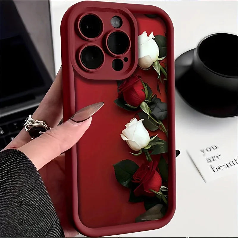 Frosted TPU phone case in wine red with white rose print for Apple iPhone