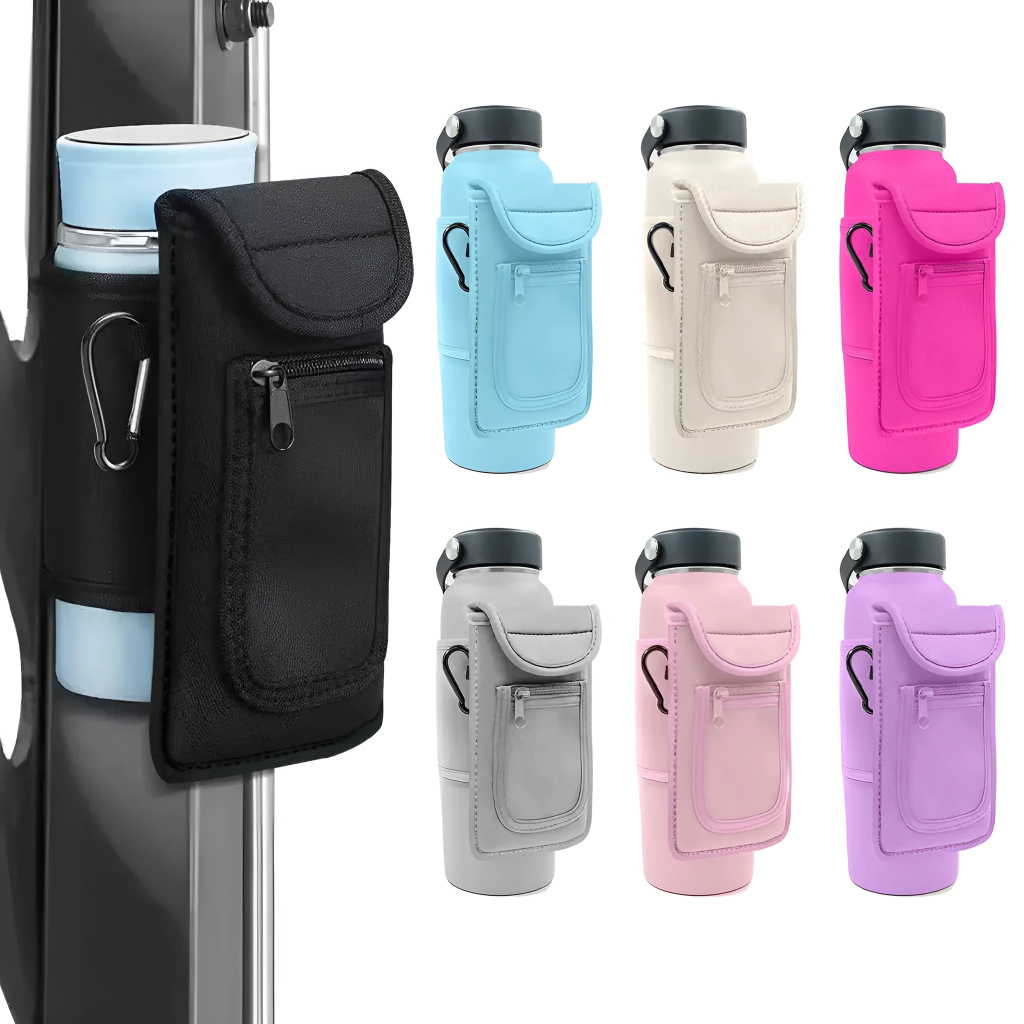 Fitness water bottle cover in cloth with a choice of magnetic clasp or carabiner clip in various colours.