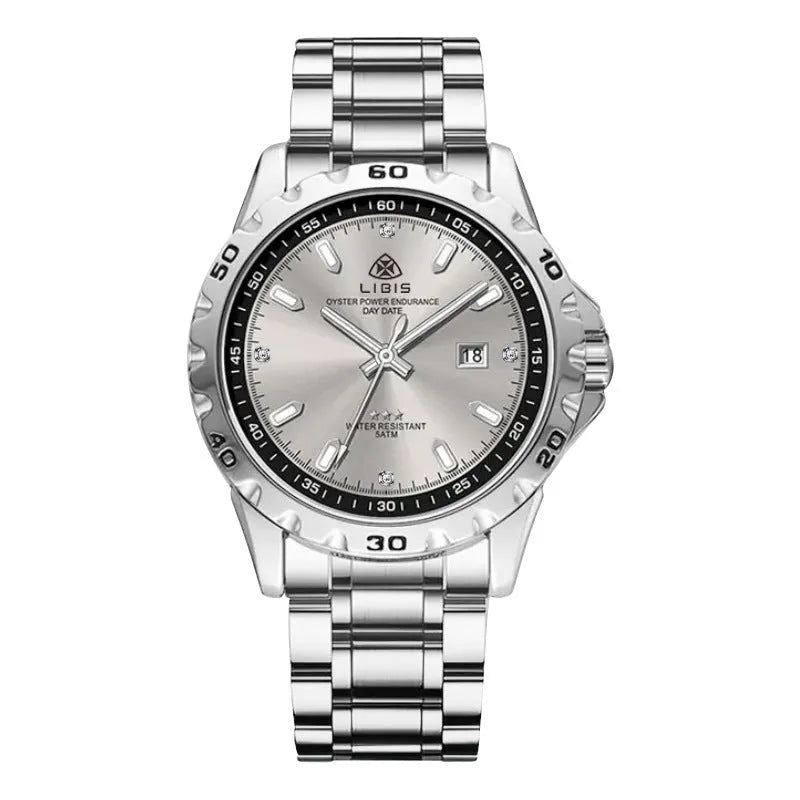 Men's silver case business watch with stainless steel strap and luminous quartz movement
