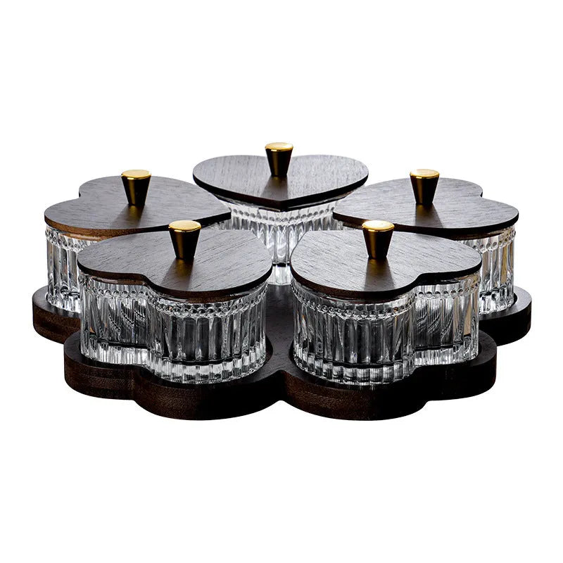 Glass fruit snack platter set with transparent heart-shaped bowl lid in retro style