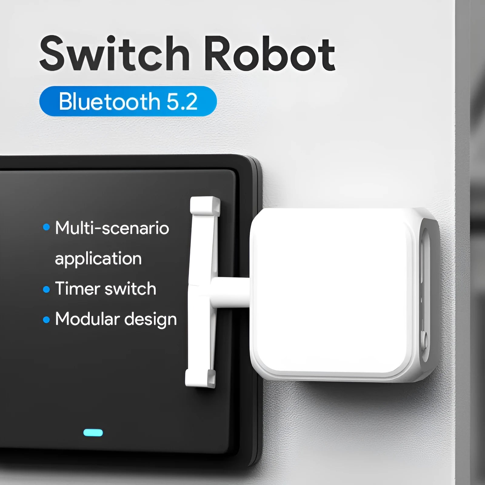 White Bluetooth thumb remote control with rocker arm switch, shown on a person's thumb, dimensions 53mm by 29mm.