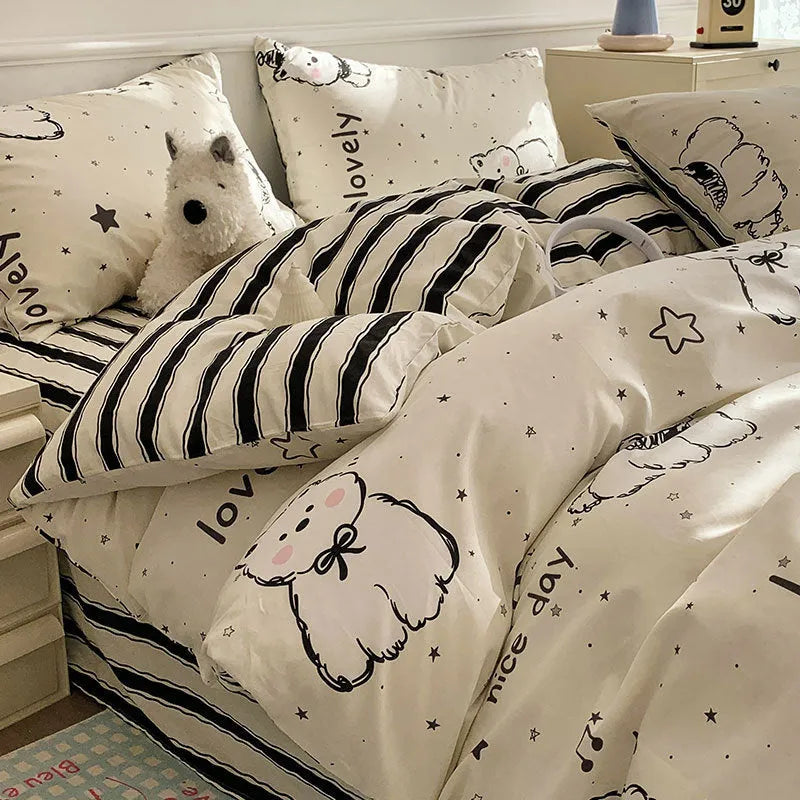Cartoon dog print pure cotton duvet cover set with fitted sheet on a single bed