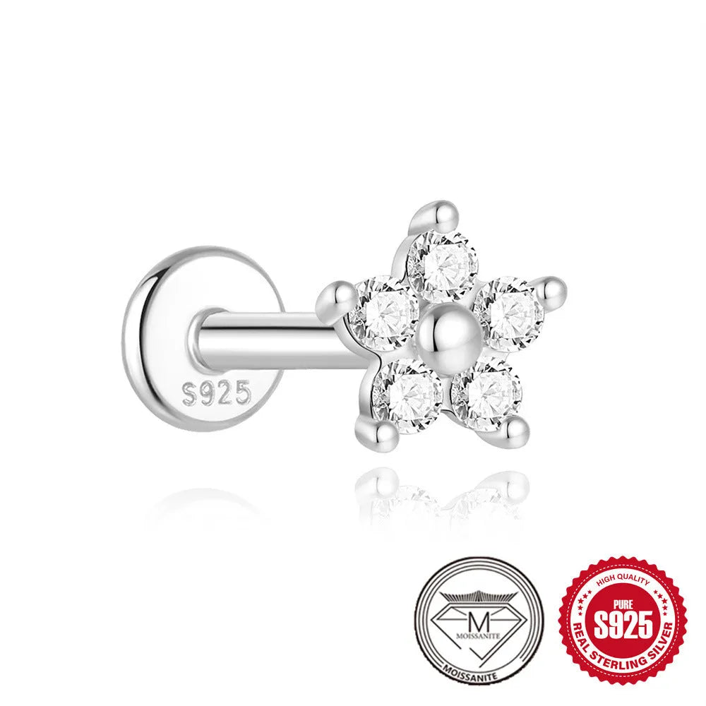 925 sterling silver geometric petal diamond stud earrings showing nose ring, triangle and circular styles