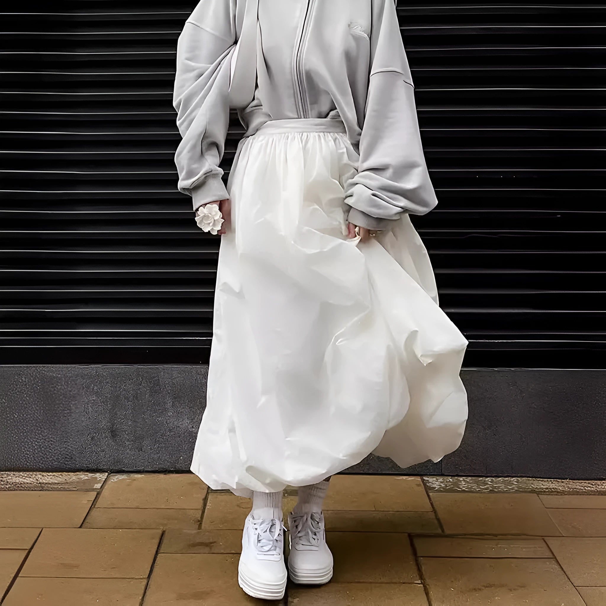 Women's solid colour cotton long skirt in white or black option
