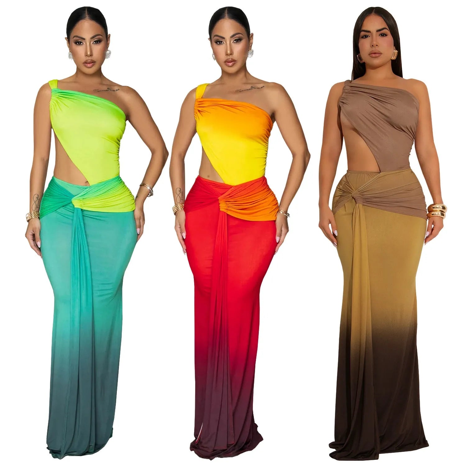 A woman wearing a long, gradient-coloured dress with a cross-shoulder design and high waist.