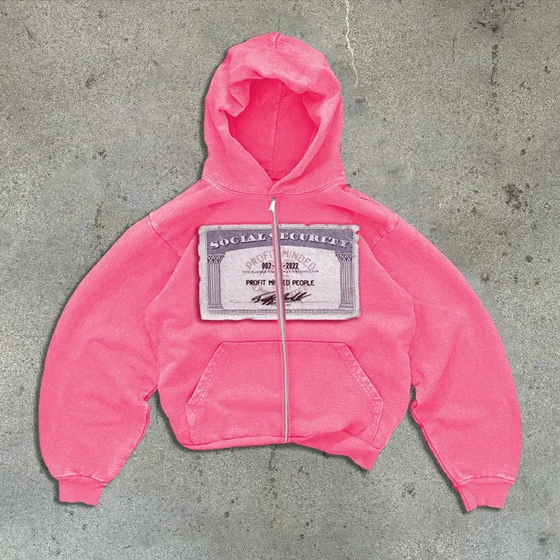 A loose-fitting black hooded zip-up jacket with a letter print design on the front.