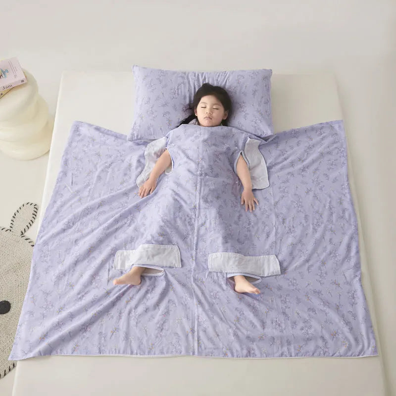 Anti-kick sleeping bag blanket in a printed colour design, shown with an optional matching pillowcase.