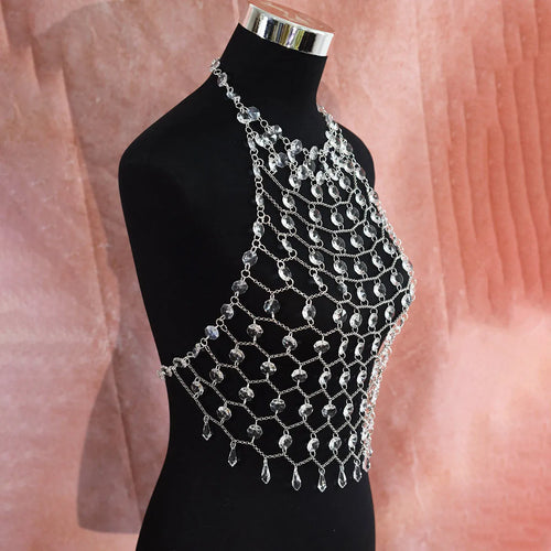 Transparent acrylic crystal sequins body chain chest necklace jewellery in hand-woven construction