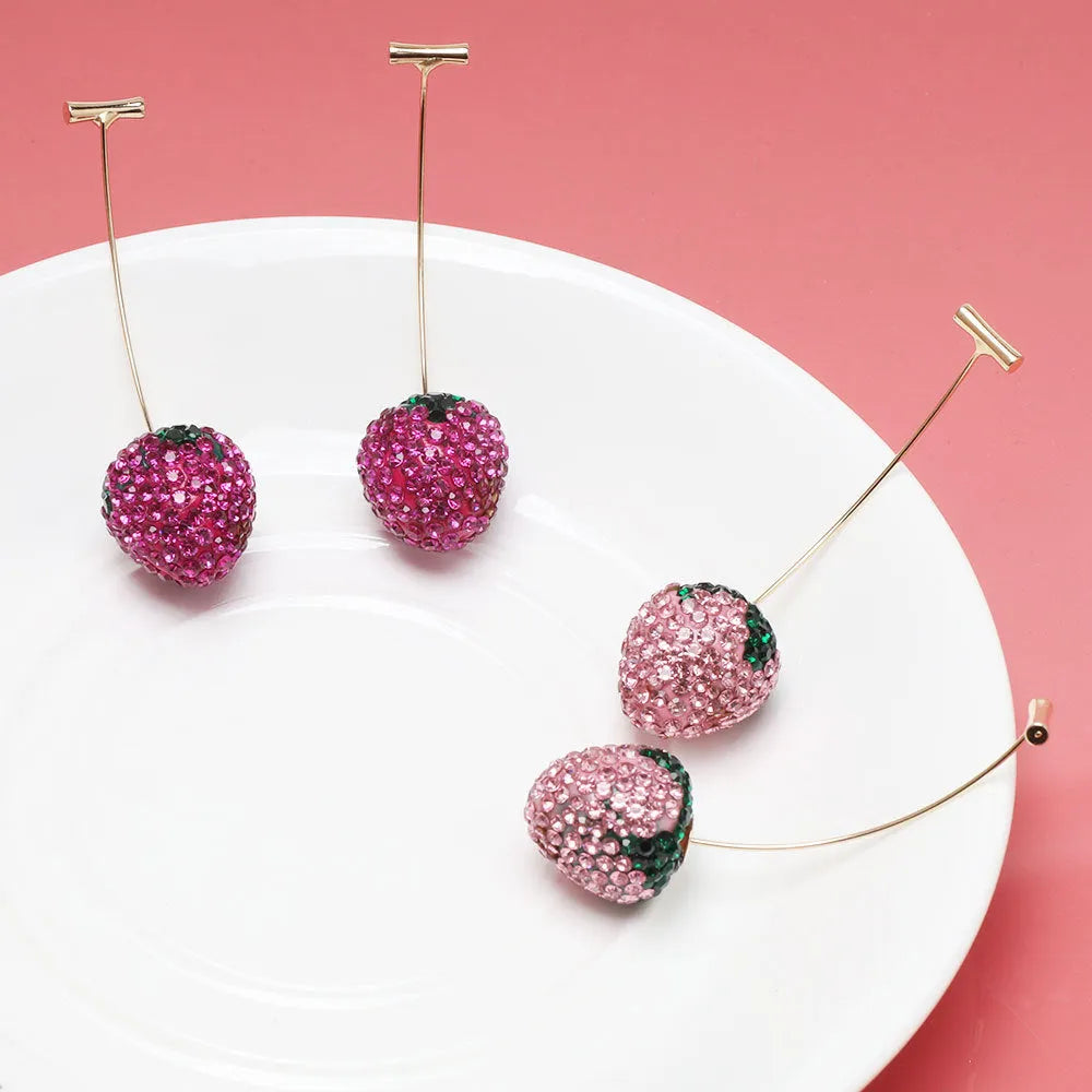 Geometric strawberry-shaped zinc alloy earrings with spot drill texture, shown in red finish with butterfly clasps.