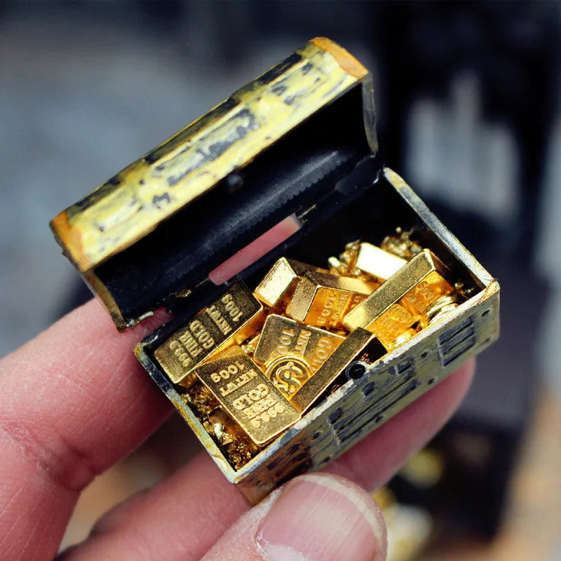 Miniature alloy gold coin and bar treasure box doll house accessories set.