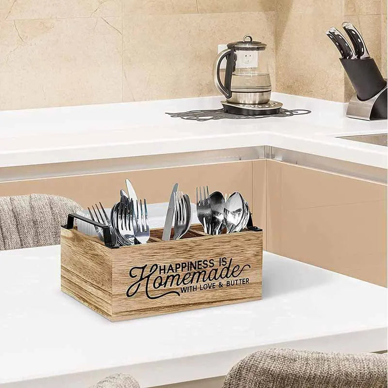 Large wooden kitchen storage box with internal grid divider for organising utensils.