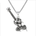 Ethnic skull guitar motorcycle pendant necklace with alloy pendant and titanium steel pearl chain, unisex design.