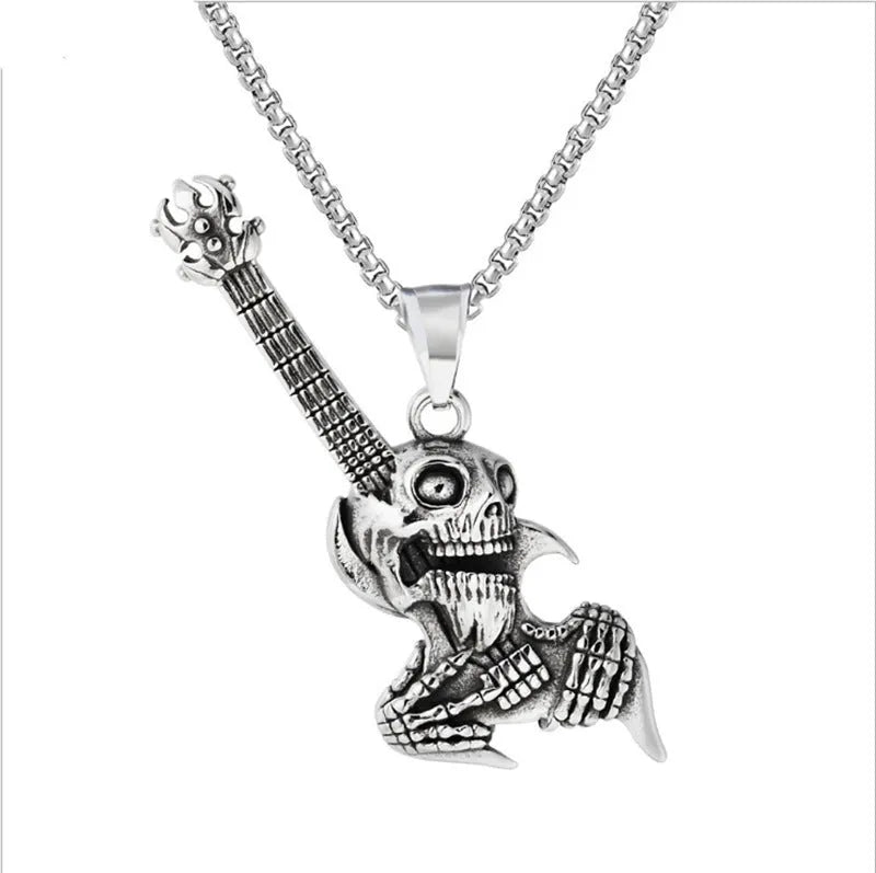 Ethnic skull guitar motorcycle pendant necklace with alloy pendant and titanium steel pearl chain, unisex design.