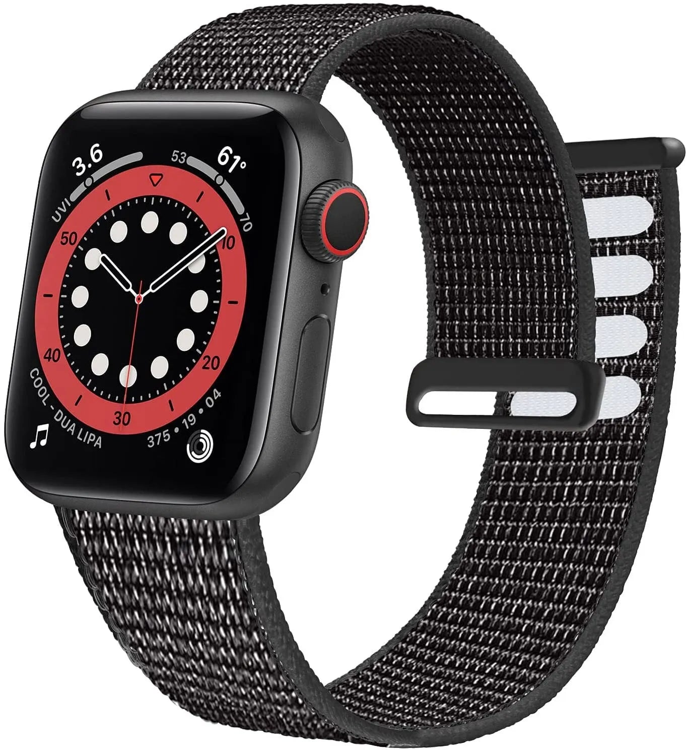 Woven nylon Apple Watch strap in multiple colours including reflective and rainbow patterns.