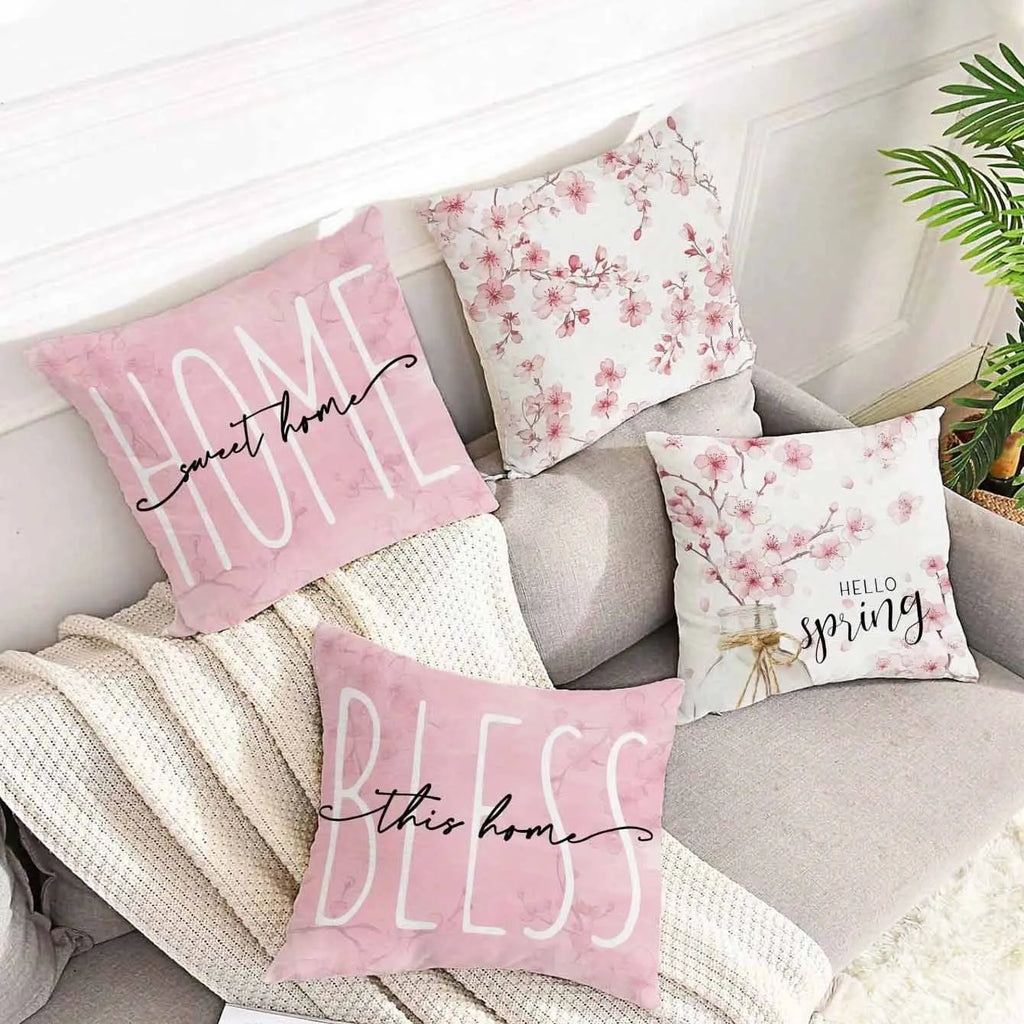 Square short velvet cushion cover with cherry blossom and letter design in four colour options.