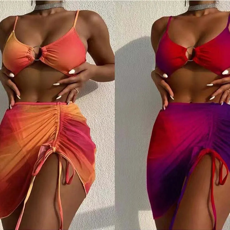 Women's orange three-piece swimsuit with loop buckle hollow suspender and printed gradient pattern