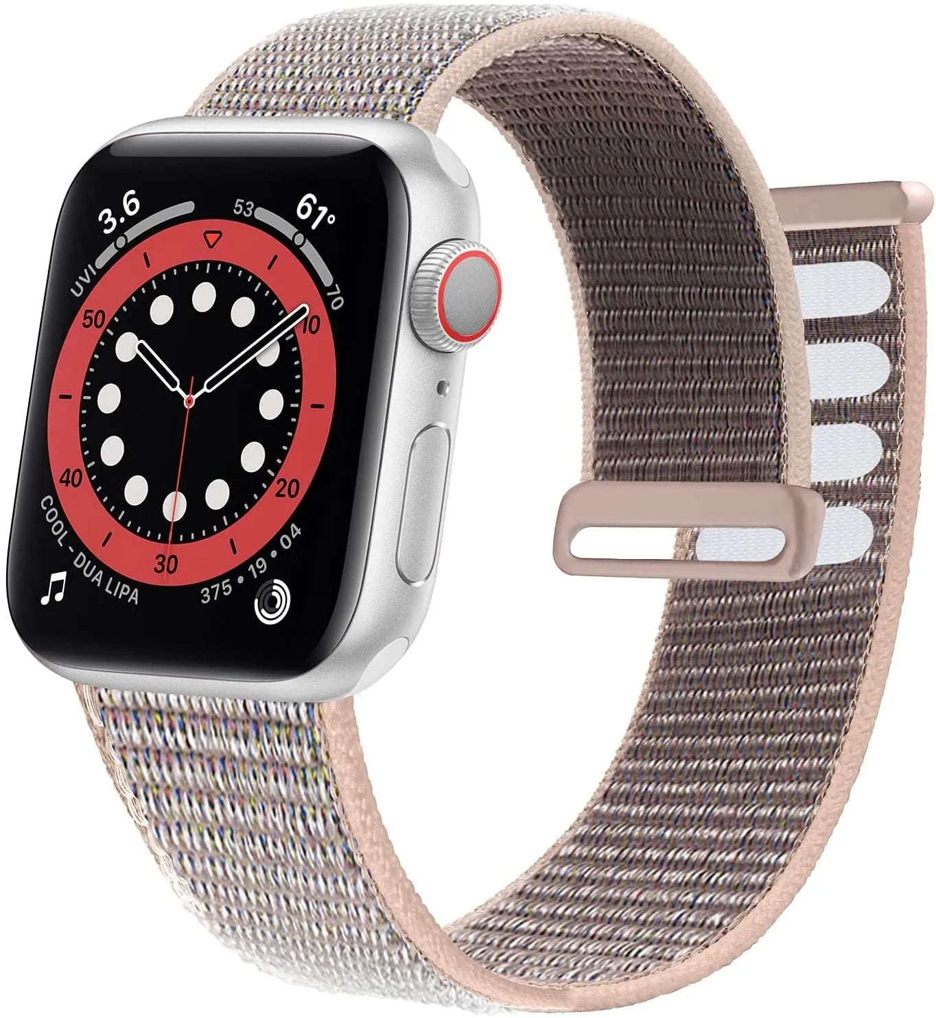 Woven nylon Apple Watch strap in multiple colours including reflective and rainbow patterns.