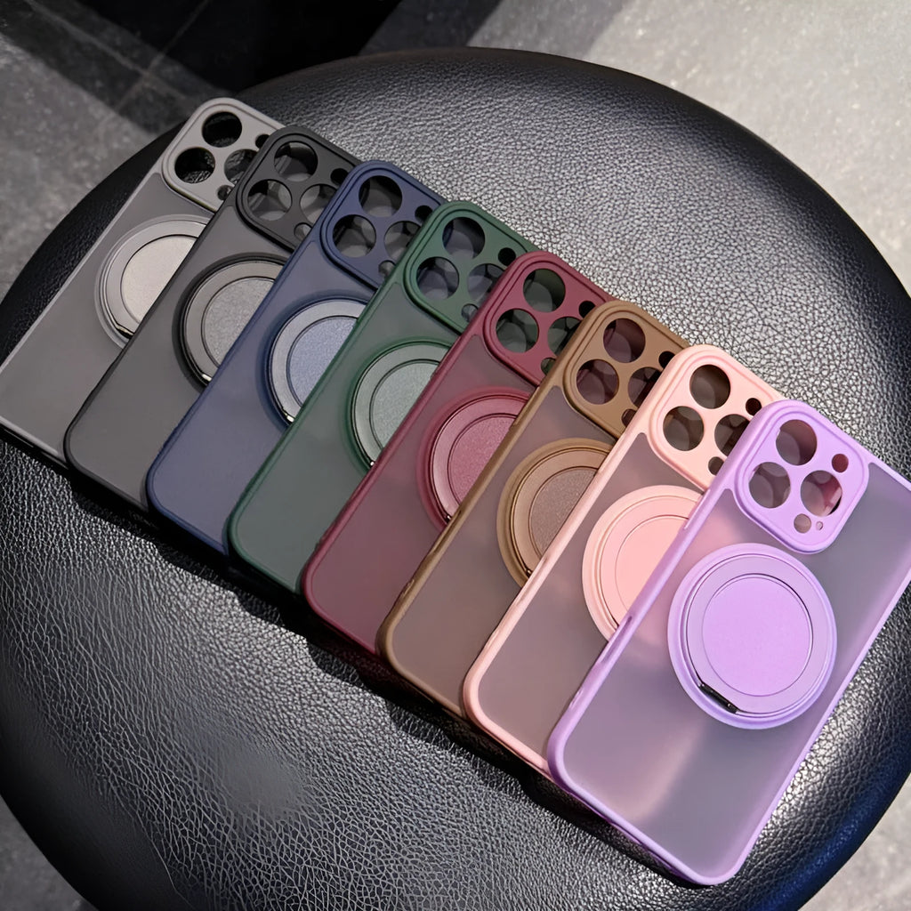 Magnetic suction iPhone case with invisible bracket in frosted transparent finish showing black colour option