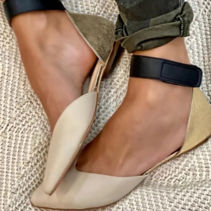 Women's flat heel sandals with Velcro strap and hollowed pattern design in beige colour