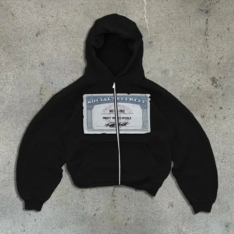 A loose-fitting black hooded zip-up jacket with a letter print design on the front.