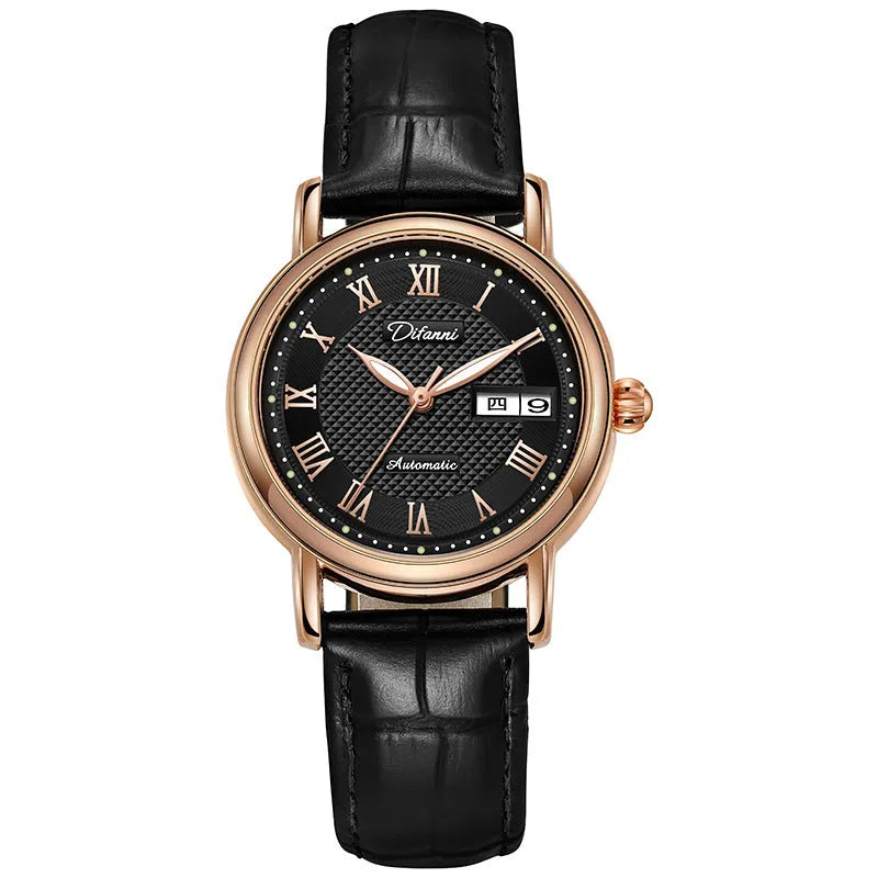 Women's automatic watch with 12mm case on stainless steel or leather strap, white or black dial