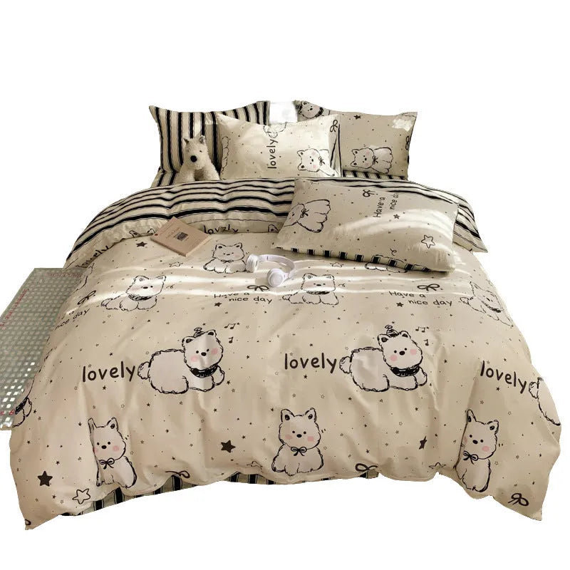 Cartoon dog print pure cotton duvet cover set with fitted sheet on a single bed