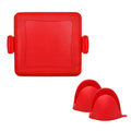 Red silicone baking tray with integrated anti-scald handbag grips and matching oven gloves