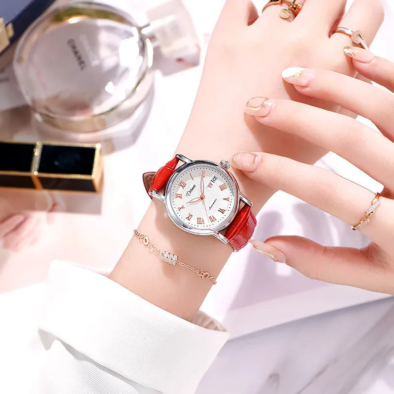 Women's automatic watch with 12mm case on stainless steel or leather strap, white or black dial