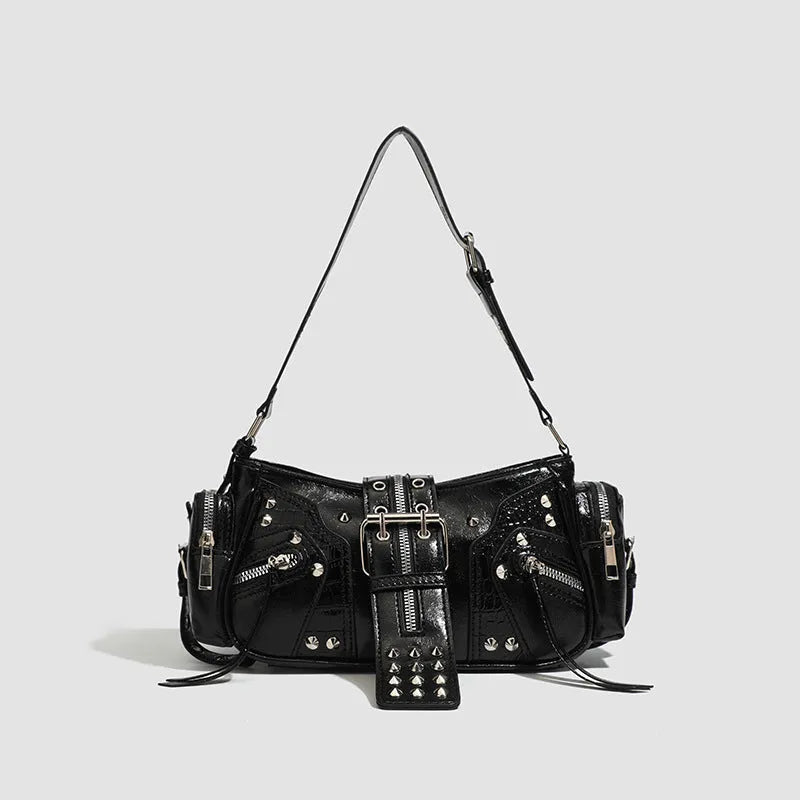 Black oil wax leather retro handbag with dumpling shape and three-dimensional outer pocket