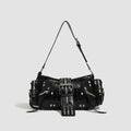 Black oil wax leather retro handbag with dumpling shape and three-dimensional outer pocket