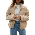 Apricot women's corduroy jacket with stand collar and full-length zipper