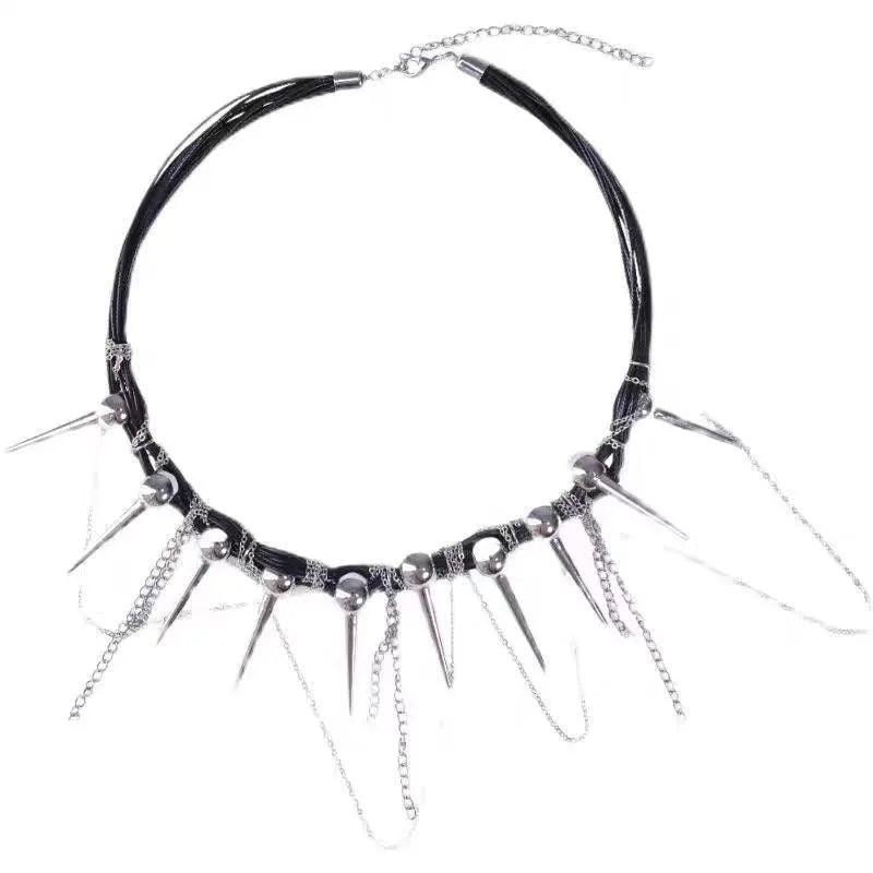 Women's leather necklace with electroplated rivet detail and winding tassel round beads design